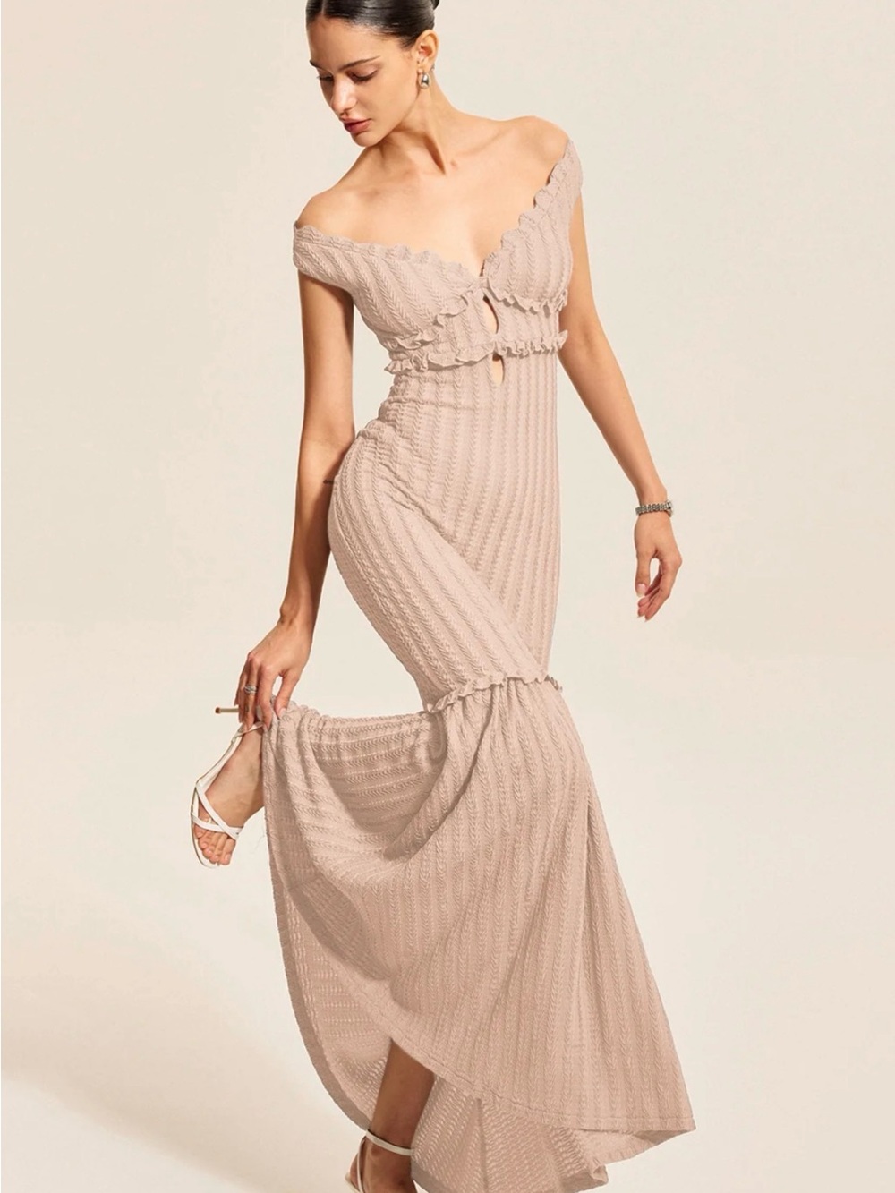Commense One-Shoulder Scallop Knit Maxi Dress in Blush Nude